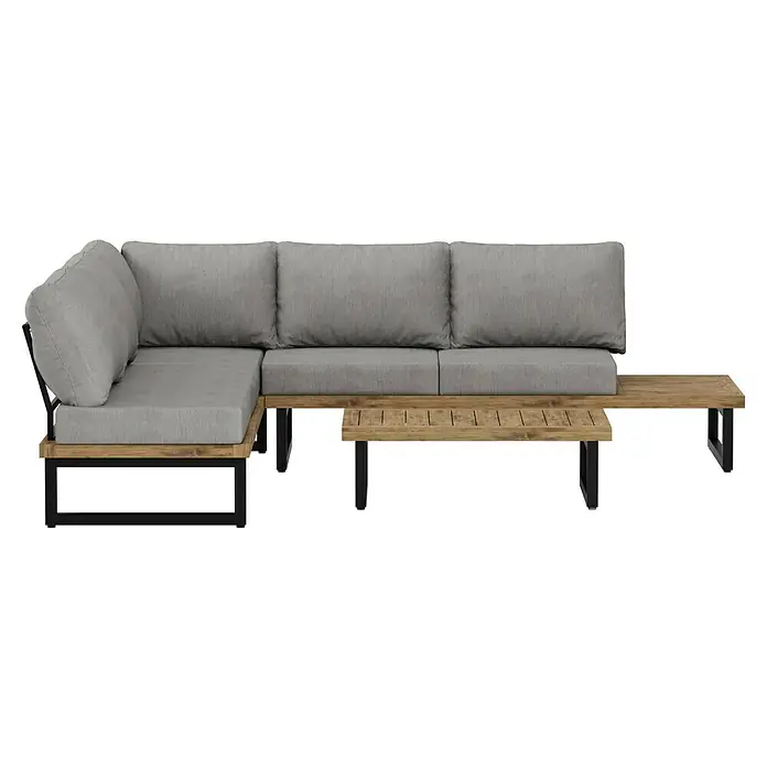 Sunfun Zoe Loungemöbel-Set - 3 -tlg., Teak/Stahl, Hellgrau - Graues Ecksofa aus Holz mit bequemen Kissen, ideal für den Garten oder die Terrasse. Das Sofa lädt zum Entspannen im Freien ein.