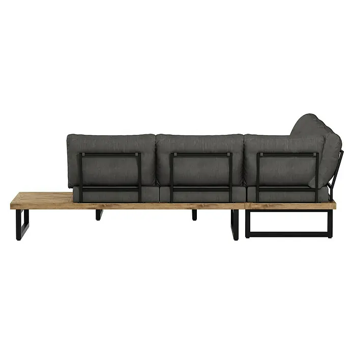 Sunfun Zoe Loungemöbel-Set - 3 -tlg., Teak/Stahl, Dunkelgrau - Stylisches Lounge-Sofa mit grauem Stoffbezug und robustem Holzgestell mit schwarzem Metallrahmen für den Außenbereich.