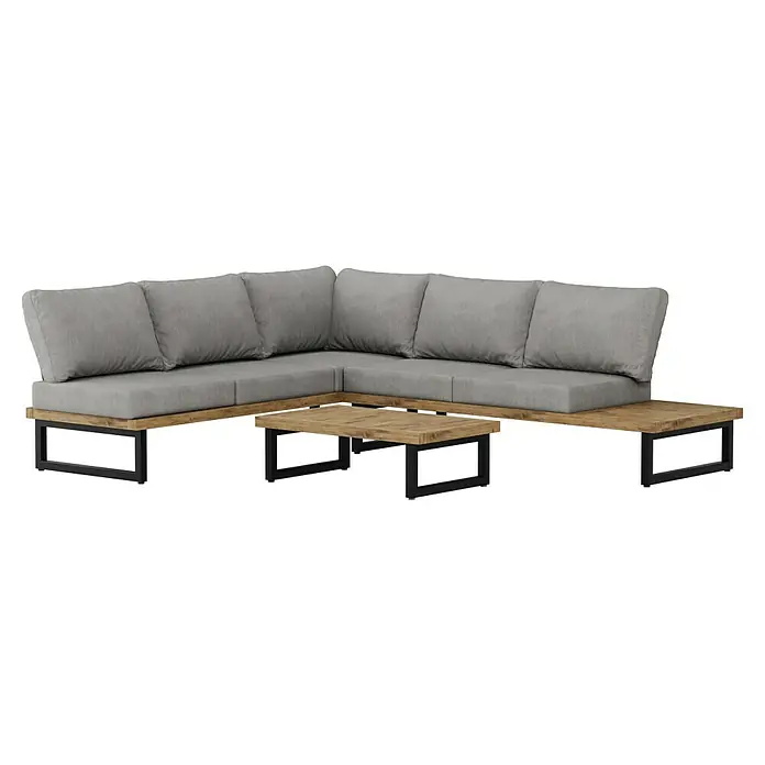 Sunfun Zoe Loungemöbel-Set - 3 -tlg., Teak/Stahl, Hellgrau - Elegantes L-förmiges Loungesofa mit grauen Kissen und einem passenden Couchtisch mit Holzplatte und schwarzem Metallgestell für den Außenbereich.