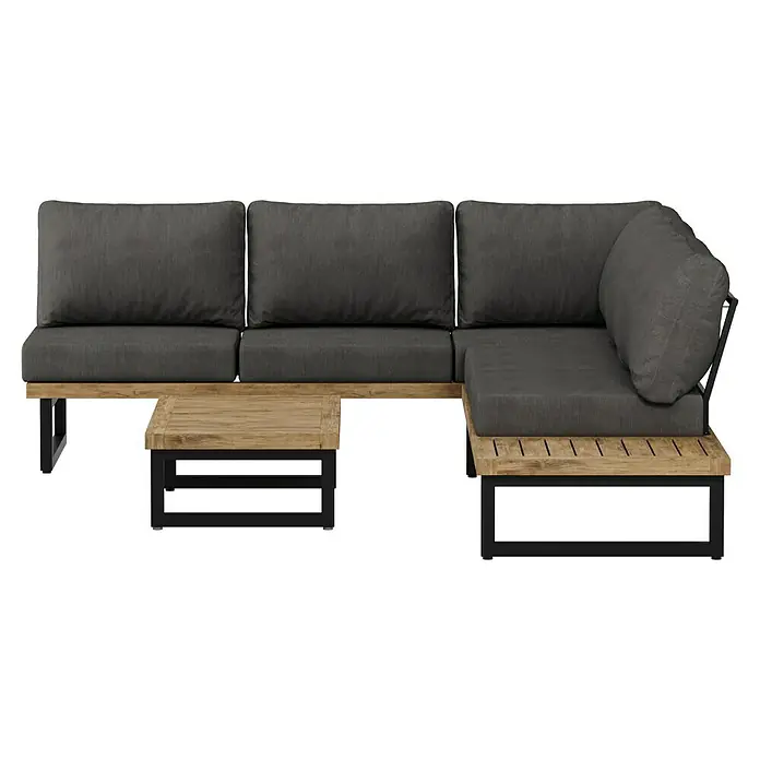 Sunfun Zoe Loungemöbel-Set - 3 -tlg., Teak/Stahl, Dunkelgrau - Graues Lounge-Set mit Holzrahmen und schwarzen Metallbeinen, bestehend aus Sofa und Tisch.