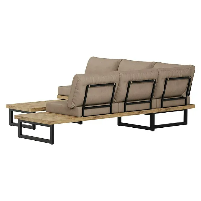 Sunfun Zoe Loungemöbel-Set - 3 -tlg., Teak/Stahl, Braun - Ansicht eines modularen Lounge-Sofas mit hellbraunen Polstern und dunklen Metallrahmen auf einer Holzplattform.