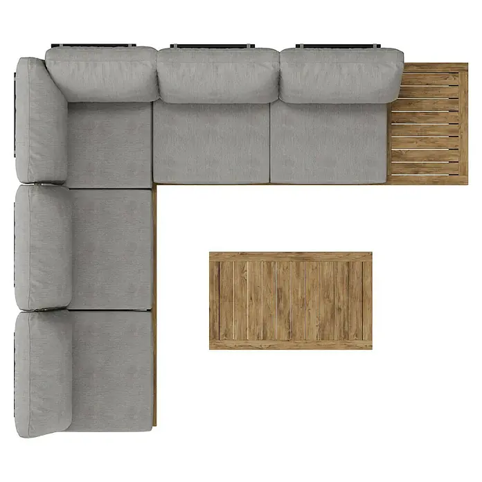 Sunfun Zoe Loungemöbel-Set - 3 -tlg., Teak/Stahl, Hellgrau - Ein graues Lounge-Set mit Holztisch, aufgenommen aus der Vogelperspektive, bietet eine moderne und einladende Außenbereichgestaltung.
