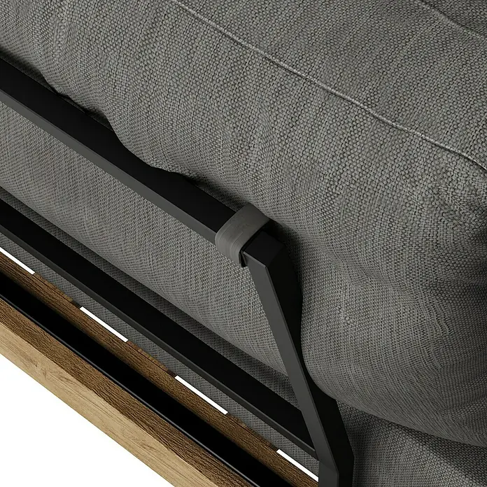 Sunfun Zoe Loungemöbel-Set - 3 -tlg., Teak/Stahl, Dunkelgrau - Detailaufnahme eines grauen Sofas mit schwarzem Metallrahmen und Holzakzenten, die die hochwertige Verarbeitung hervorhebt.