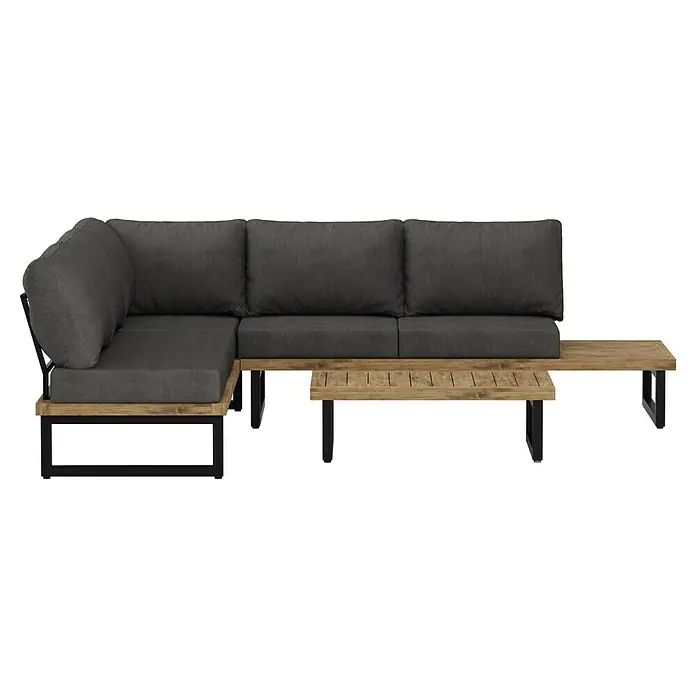 Sunfun Zoe Loungemöbel-Set - 3 -tlg., Teak/Stahl, Dunkelgrau - Elegantes graues Ecksofa mit Holzrahmen und schwarzen Metallbeinen. Perfekt für den stilvollen Außenbereich.