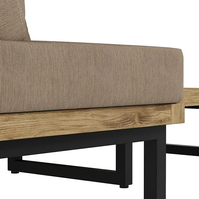 Sunfun Zoe Loungemöbel-Set - 3 -tlg., Teak/Stahl, Braun - Detailaufnahme eines modernen Sofas mit beigem Stoffbezug und einem Untergestell aus Holz und schwarzem Metall. Stilvolles Design für Wohnräume.