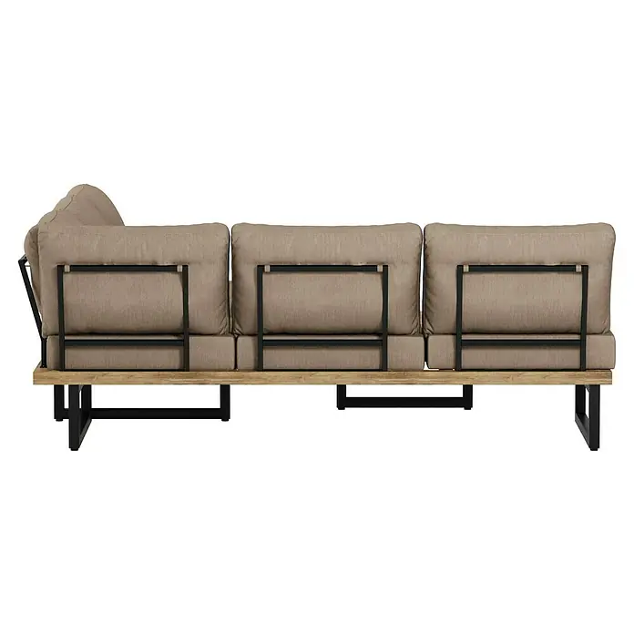 Sunfun Zoe Loungemöbel-Set - 3 -tlg., Teak/Stahl, Braun - Rückansicht eines modularen Sofas mit beigen Polstern und einem Holzrahmen mit schwarzen Metallbeinen. Das Sofa bietet Sitzgelegenheiten für mehrere Personen.