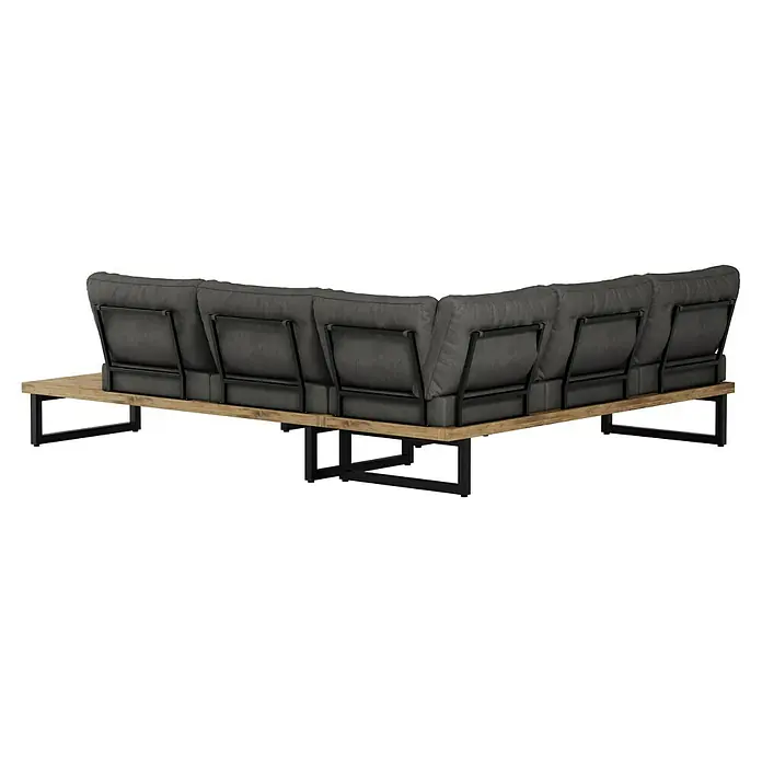 Sunfun Zoe Loungemöbel-Set - 3 -tlg., Teak/Stahl, Dunkelgrau - Rückansicht eines modularen Outdoor-Sofas mit grauen Kissen und einem Holzrahmen mit schwarzen Metallbeinen für den Garten oder die Terrasse.
