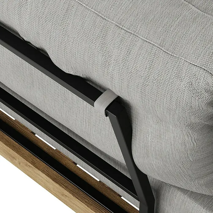 Sunfun Zoe Loungemöbel-Set - 3 -tlg., Teak/Stahl, Hellgrau - Nahaufnahme eines modernen Sofas mit grauem Stoffbezug und einem Gestell aus Holz und schwarzem Metall.