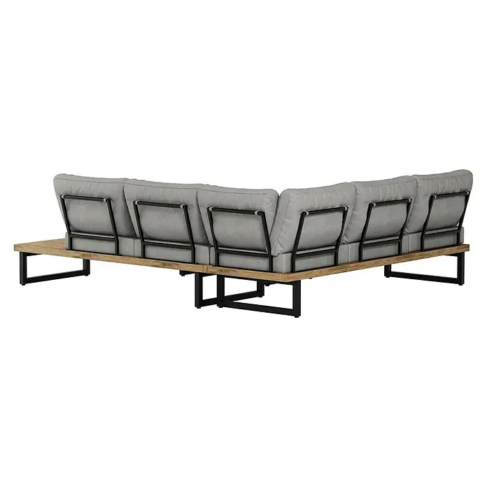 Sunfun Zoe Loungemöbel-Set - 3 -tlg., Teak/Stahl, Hellgrau - Rückansicht eines modularen Sofas mit Holzrahmen und grauen Kissen. Das Sofa bietet Komfort und Stil für jeden Wohnraum.