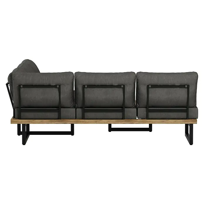 Sunfun Zoe Loungemöbel-Set - 3 -tlg., Teak/Stahl, Dunkelgrau - Nahaufnahme eines modularen Outdoor-Sofas mit grauem Bezug und Holzgestell, das Komfort und Stil für jeden Außenbereich bietet.