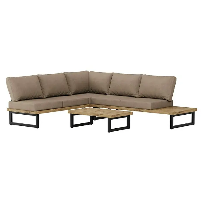 Sunfun Zoe Loungemöbel-Set - 3 -tlg., Teak/Stahl, Braun - Braunes Outdoor-Ecksofa-Set mit Holztisch und schwarzen Metallbeinen für Garten oder Terrasse, ideal zum Entspannen im Freien.
