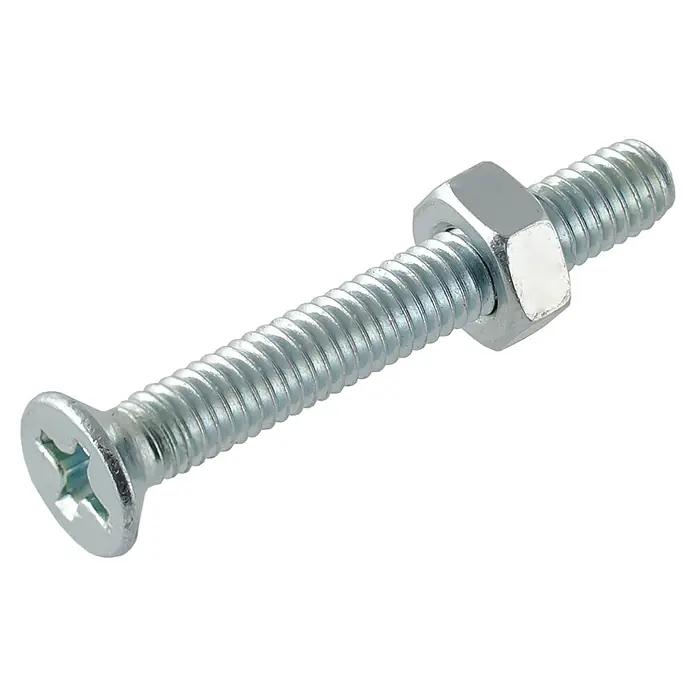 Suki Tornillo avellanado - Ø x L: 2 x 14 mm, Acero, Cabezal avellanado - Primer plano de un tornillo con cabeza Phillips y una tuerca, ideal para trabajos de fijación.