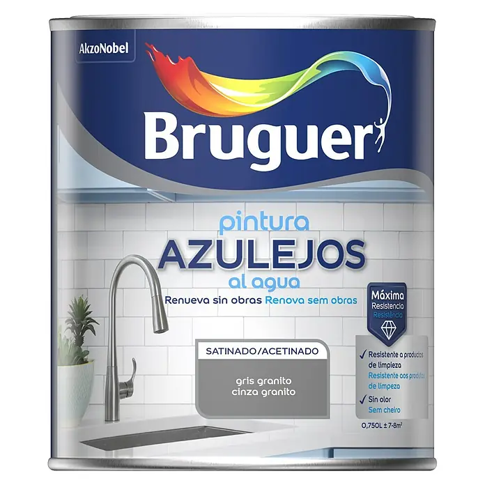Bruguer Esmalte para azulejos al agua - Gris granito, 750 ml, Satinado - Bote de pintura para azulejos Bruguer en gris granito, acabado satinado. Ideal para renovar azulejos sin grandes obras.