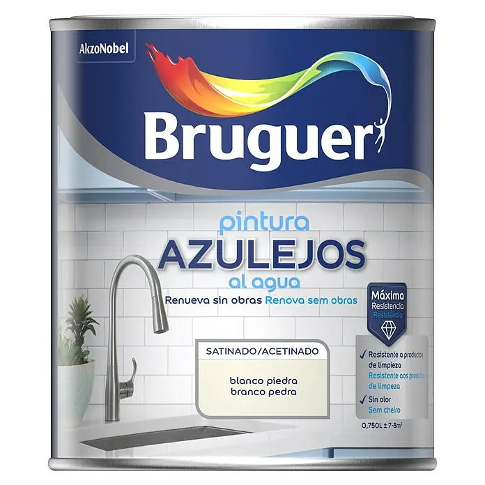 Bruguer Esmalte para azulejos al agua - Blanco piedra, 750 ml, Satinado - Bote de pintura para azulejos Bruguer en blanco. La pintura es al agua, de bajo olor y resistente a la limpieza, ideal para azulejos.