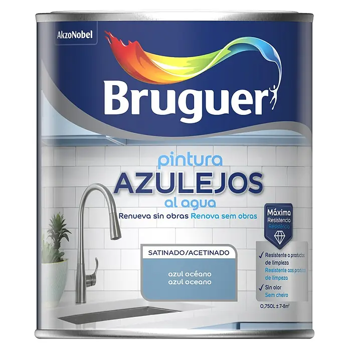 Bruguer Esmalte para azulejos al agua - Azul océano, 750 ml, Satinado - Un bote de pintura para azulejos Bruguer en color "Azul Oceano". La pintura es a base de agua y da un acabado satinado a los azulejos.