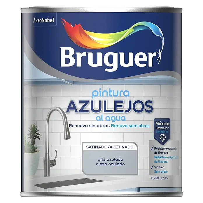 Bruguer Esmalte para azulejos al agua - Gris azulado, 750 ml, Satinado - Bote de pintura para azulejos "gris azulado" de Bruguer, para máxima resistencia y renovación fácil.