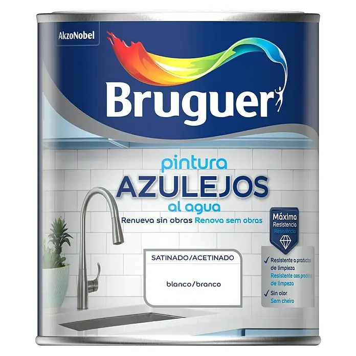 Bruguer Esmalte para azulejos al agua - Blanco, 2,5 l, Satinado - Bote de pintura para azulejos Bruguer en blanco. La pintura es al agua, sin olor y resistente a los productos de limpieza. Ideal para renovar azulejos.