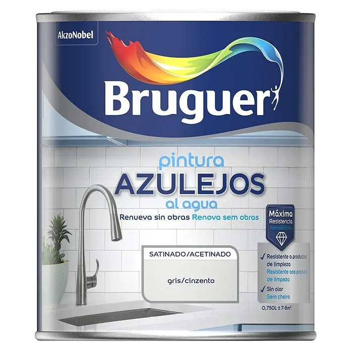 Bruguer Esmalte para azulejos al agua - Gris, 750 ml, Satinado - Un bote de pintura para azulejos Bruguer en gris, ideal para renovar superficies de azulejos, con alta resistencia y fácil limpieza.