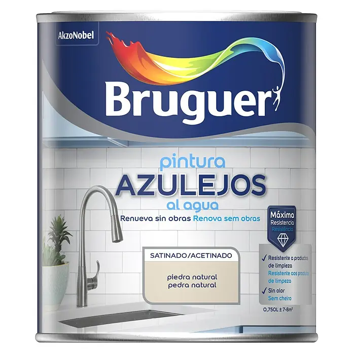 Bruguer Esmalte para azulejos al agua - Piedra natural, 750 ml, Satinado - Pintura para azulejos Bruguer en piedra natural, acabado satinado, para renovar sin obras.