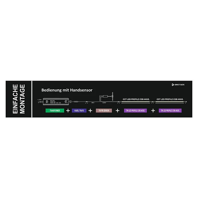 Direct Signs Sensor PIR CCT - Netzbetrieben, Schwarz, 2 x 1,2 x 2 cm - Montageanleitung mit Produktdetails: Transformator, Kabel, Sensor und LED-Profile für eine einfache Installation der Beleuchtungslösung.
