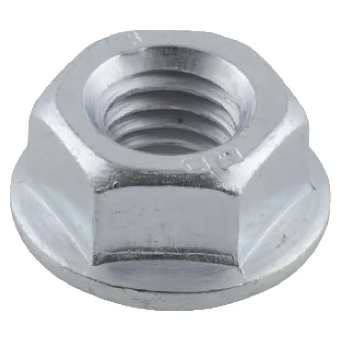 Suki Tuerca hexagonal DIN 6923 - M 6 - Primer plano de una tuerca de brida plateada con rosca interna y cabeza hexagonal.