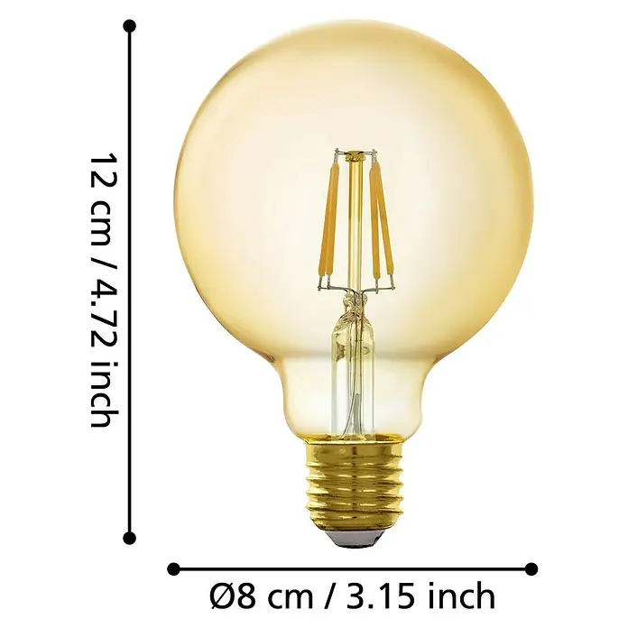 Eglo connect.z Smart-LED-Lampe - E27, Dimmbar, Warmweiß, 500 lm, 4,9 W, Lampenbezeichnung: G80 - Ein goldfarbene LED-Lampe mit sichtbarem Glühfaden und den Maßen 12 cm Höhe und 8 cm Durchmesser.