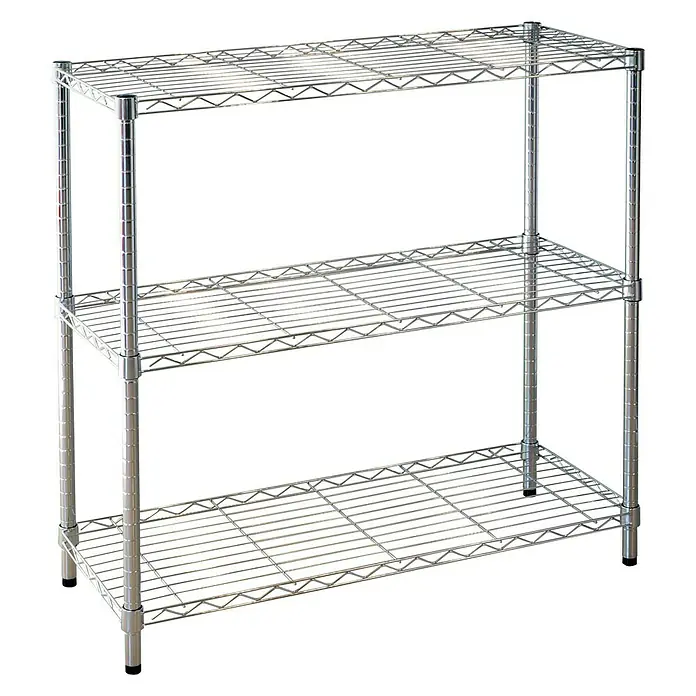 Estantería metálica Stylo - Al x An x Pr: 90 x 90 x 35 cm, Número de baldas: 3 ud., Inserción, Cromo - Esta imagen muestra una estantería cromada de tres niveles. La estantería está diseñada para almacenar y organizar diversos artículos.