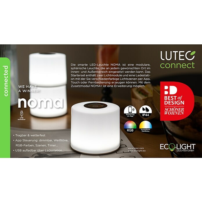 Lutec Akumulatorska namizna svetilka NOMA - osnovni set  (2,3 W, RGBW, 2 kos) | Namizne LED svetilke | Namizne svetilke | Svetila | Elektro in svetila | Izdelki | BAUHAUS