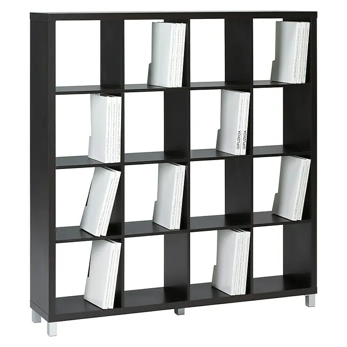 Estantería de madera Kubox - Al x An x Pr: 153 x 146 x 29 cm, Número de baldas: 16 ud., Negro - Estantería negra con 16 compartimentos y algunos libros para un ambiente moderno.