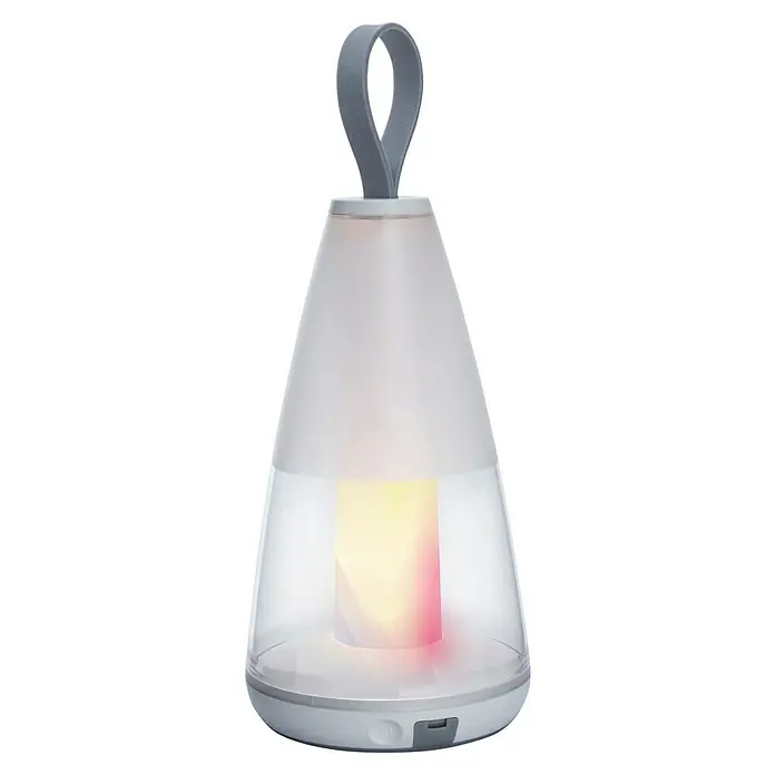 Lutec Akku-Tischleuchte PEPPER - 3 W, L x B x H: 12 x 12 x 29 cm, Weiß, RGBW - Nahaufnahme einer tragbaren LED-Laterne mit Farbwechsel und grauem Tragegriff, die ein sanftes Licht ausstrahlt.