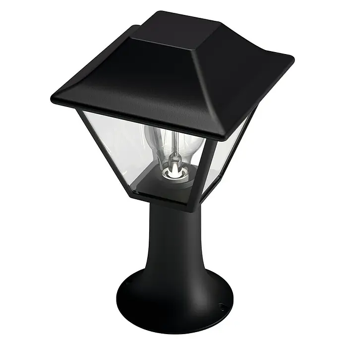 Philips Alpenglow Sobremuro exterior - 60 W, Color del marco: Negro, 18,6 x 18,6 x 31,6 cm, Sin bombillas - Lámpara negra de exterior con vidrio transparente y una bombilla en el interior, ideal para caminos de jardín y patios.
