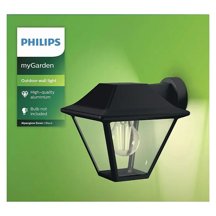 Philips Alpenglow Aplique exterior - 60 W, 17,4 x 20 x 17,9 cm, Negro, IP44 - Lámpara de pared exterior negra Philips myGarden Alpenglow Down fabricada en aluminio de alta calidad, bombilla no incluida para iluminación ambiental.