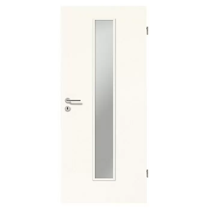 GetaDoor Laminit Zimmertür GL 223 LA-1 - 735 x 2.110 mm, DIN Anschlag: Rechts, Weiß seidenmatt, Röhrenspan, Satiniertes Glas - Weiße moderne Tür mit vertikalem Milchglaseinsatz, silbernem Griff und Schlüsselloch.