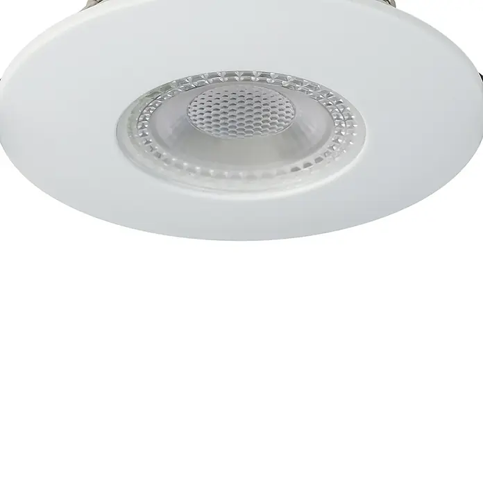 Eglo LED-Einbauleuchten-Set rund MAZUBY-LED 1 Starr - 5 W, Weiß, Warmweiß - Nahaufnahme einer runden, weißen LED-Deckenleuchte mit einem klaren, facettierten Mittelteil, ideal für moderne Innenräume.