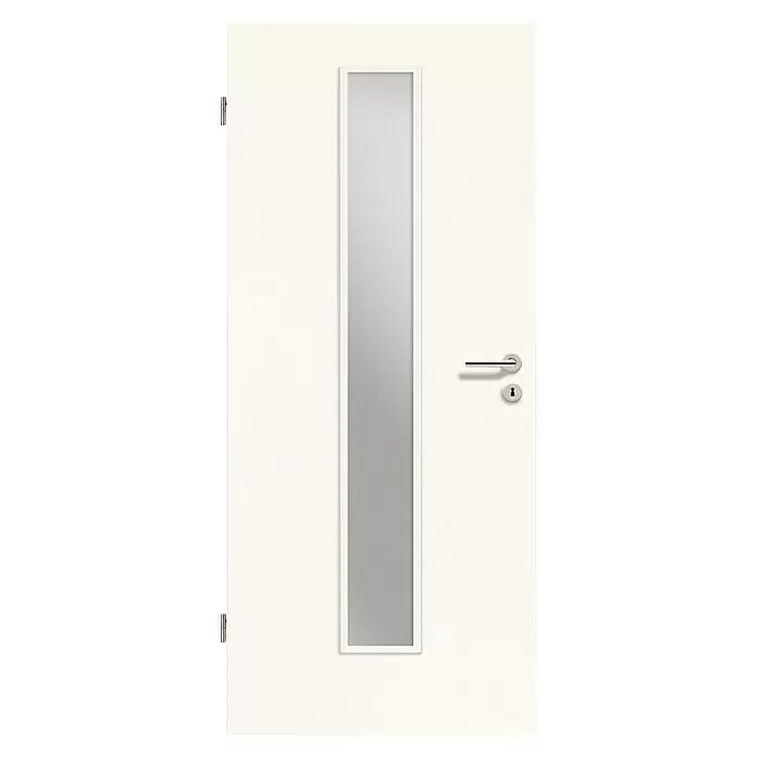 GetaDoor Laminit Zimmertür GL 223 LA-1 - 860 x 2.110 mm, DIN Anschlag: Links, Weiß seidenmatt, Röhrenspan, Satiniertes Glas - Weiße Innentür mit vertikaler Milchglasscheibe, Chromgriff und Schlüsselloch.
