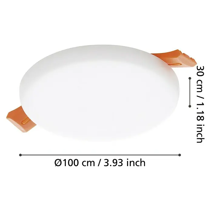 Eglo LED-Einbauleuchte rund RAPITA - 5,5 W, Ø x H: 10 x 2 cm, Weiß, Neutralweiß - Ansicht der Abmessungen der runden, weißen Deckenleuchte mit den braunen Befestigungen.