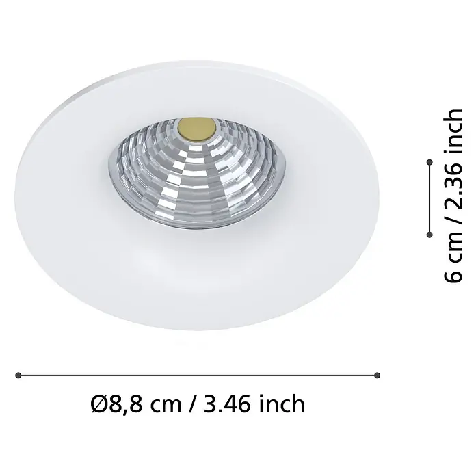 Eglo LED-Einbauleuchten-Set rund SALABATE - 18 W, Weiß, Neutralweiß - Nahaufnahme einer runden, weißen Einbauleuchte mit den Maßen 8,8 cm Durchmesser und 6 cm Höhe.