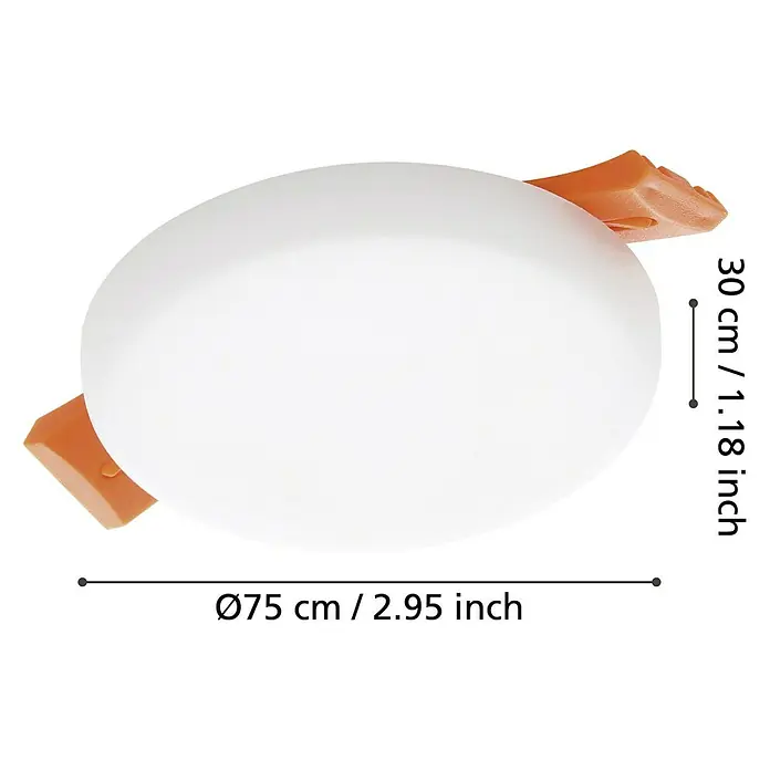Eglo LED-Einbauleuchte rund RAPITA - 4,5 W, Ø x H: 7,5 x 2 cm, Weiß, Neutralweiß - Nahaufnahme einer runden, weißen Deckenleuchte mit orangefarbenen Details und Größenangaben.