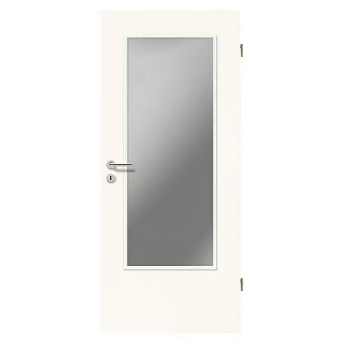 GetaDoor Laminit Zimmertür GL 223 LA - 735 x 2.110 mm, DIN Anschlag: Rechts, Weiß seidenmatt, Röhrenspan, Klarglas - Weiße Innentür mit großer Milchglasscheibe, silbernem Griff und Schlüsselloch.