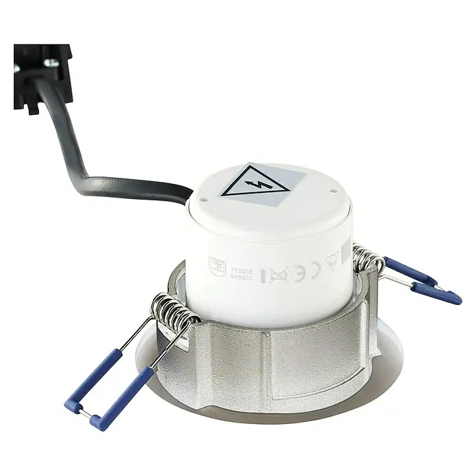 Eglo LED-Einbauleuchten-Set rund SALABATE - 18 W, Nickel-matt, Neutralweiß - Einbaustrahler mit silberfarbenem Rahmen, weißem Gehäuse und blauen Klammern. Warnsymbol auf der Oberseite des Gehäuses.