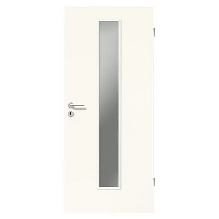 GetaDoor Laminit Zimmertür GL 223 LA-1 - 860 x 1.985 mm, DIN Anschlag: Rechts, Weiß seidenmatt, Röhrenspan, Klarglas - Weiße moderne Tür mit langem vertikalem Glaseinsatz, silbernem Drücker und Schlüsselloch.