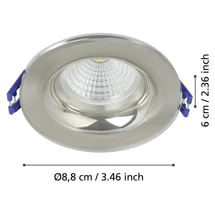 Eglo LED-Einbauleuchten-Set rund SALABATE - 18 W, Nickel-matt, Neutralweiß - Produktbild eines Einbaustrahlers mit silbernem Rahmen und den Maßen Ø8,8 cm / 6 cm.