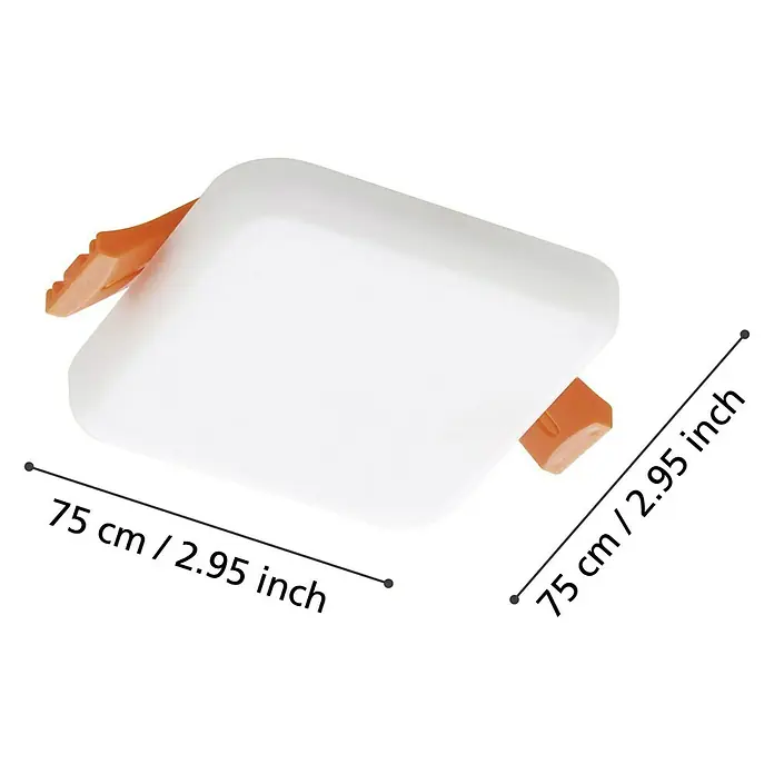 Eglo LED-Einbauleuchte RAPITA - Neutralweiß - Nahaufnahme einer quadratischen LED-Deckenleuchte mit orangefarbenen Befestigungsclips, Maße 75 cm x 75 cm.