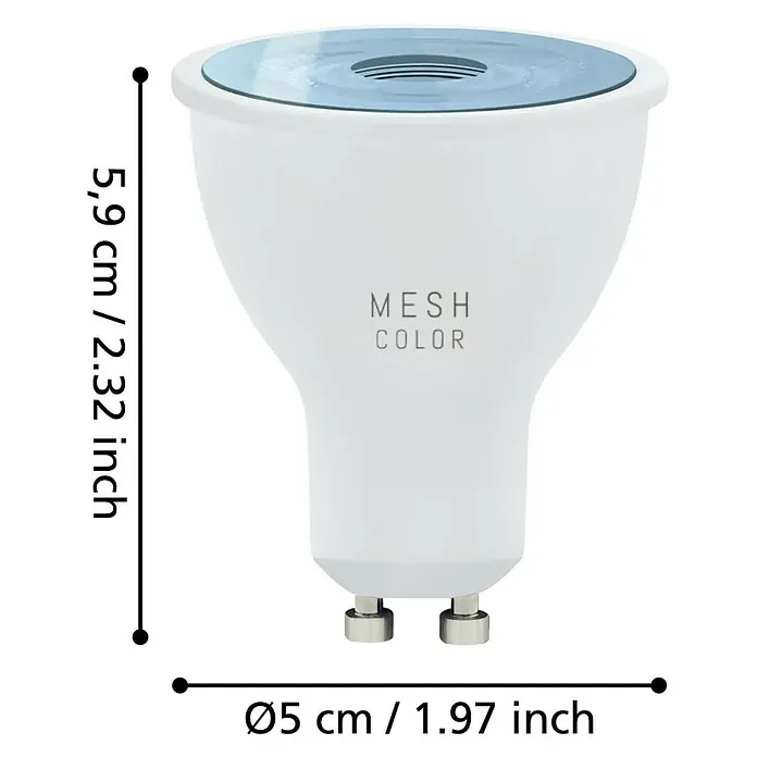 Eglo connect.z Smart-LED-Lampe Zigbee RGB/CCT - GU10, Dimmbarkeit: Dimmbar, RGBW, 345 lm, 4,9 W - Abbildung einer MR16 LED Lampe mit den Maßen 5,9 cm Höhe und 5 cm Durchmesser.