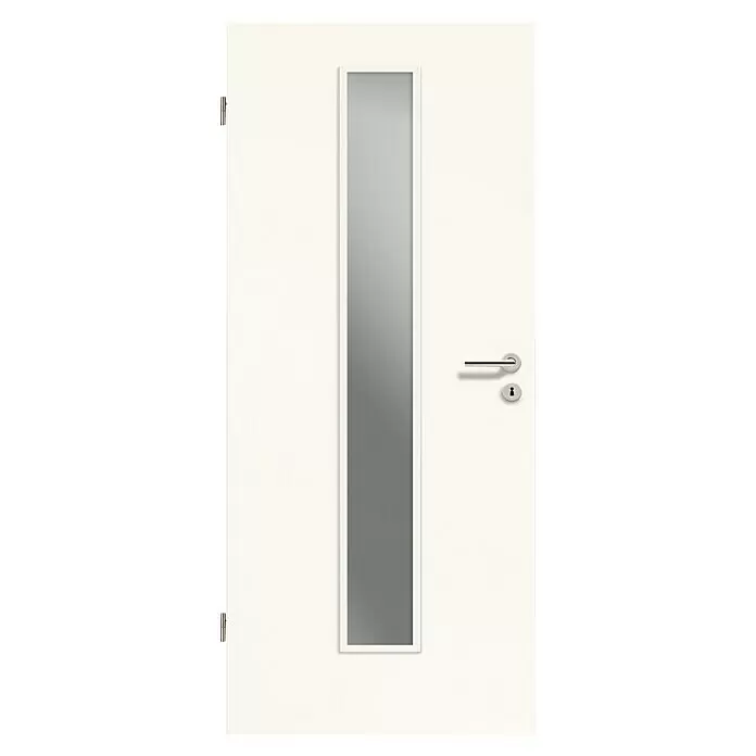 GetaDoor Laminit Zimmertür GL 223 LA-1 - 735 x 2.110 mm, DIN Anschlag: Links, Weiß seidenmatt, Röhrenspan, Klarglas - Weiße Tür mit vertikalem Glaseinsatz, silbernem Griff und Schlüsselloch.