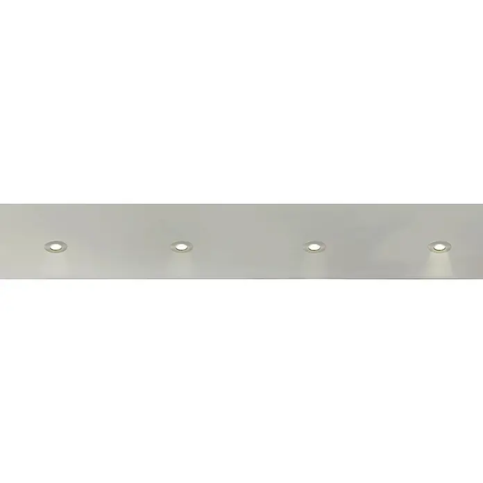 Eglo LED-Einbauleuchten-Set rund MAZUBY-LED 1 - 5 W, Nickel-matt, Warmweiß - Weiße Decke mit vier runden, eingebauten Strahlern, die warmes Licht abgeben und den Raum beleuchten. Ihre schlichte Eleganz passt perfekt.