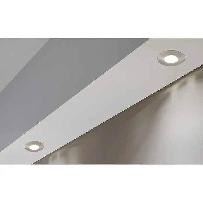 Eglo LED-Einbauleuchten-Set rund MAZUBY-LED 1 Starr5 W, Nickel-matt, Warmweiß - Naheaufnahme von zwei Deckenleuchten, die in einer modernen Decke eingelassen sind und helles, einladendes Licht spenden.