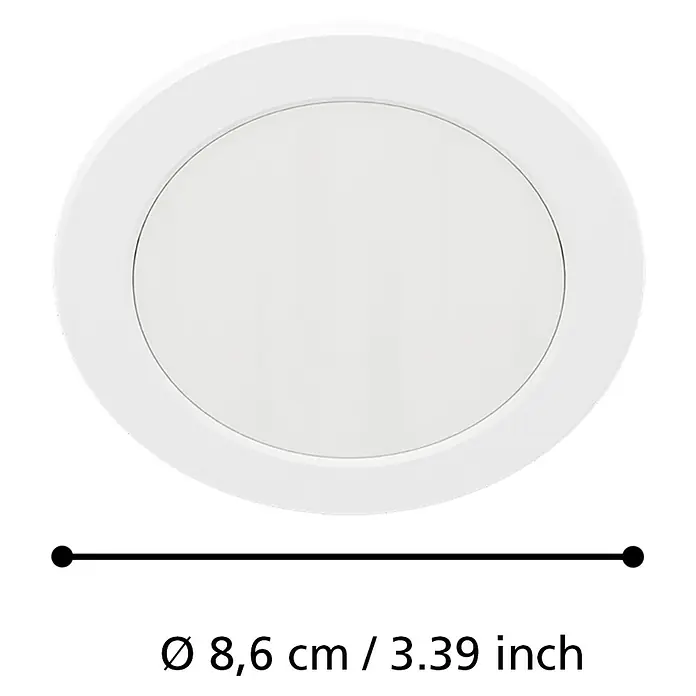 Eglo LED-Einbauleuchten-Set rund ABIUL - 3,2 W, Ø x H: 8,6 x 4 cm, Weiß, RGBW - Abbildung einer runden LED-Deckenleuchte in Weiß mit den Maßen 8,6 cm Durchmesser oder 3,39 Zoll.