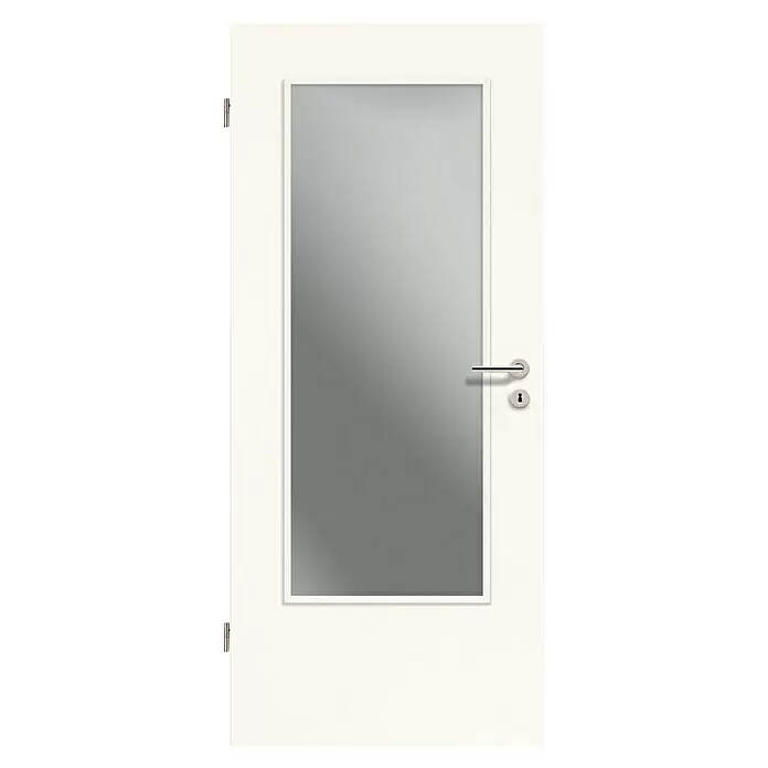 GetaDoor Laminit Zimmertür GL 223 LA - 860 x 1.985 mm, DIN Anschlag: Links, Weiß seidenmatt, Röhrenspan, Klarglas - Weiße Innentür mit Milchglasfüllung, silbernem Griff und Schlüsselloch.