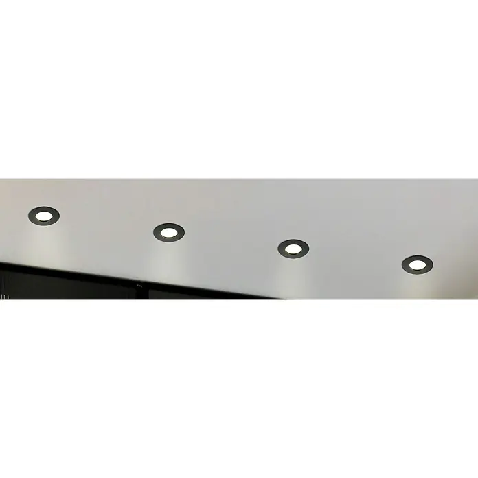 Eglo LED-Einbauleuchten-Set rund MAZUBY-LED 1 - 5 W, Schwarz, Warmweiß - Nahaufnahme von vier modernen Deckenleuchten mit schwarzem Rand, die in einer Reihe angeordnet sind und ein warmes Licht abgeben.
